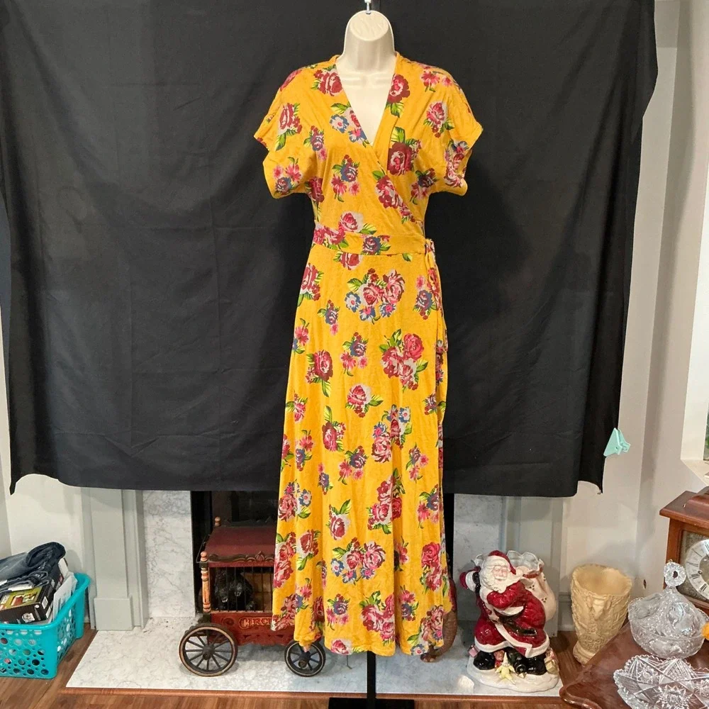 Matilda Jane‎ Wrap Dress Maxi S/M Yellow Floral Cotton V-Neck Short Sleeve Boho